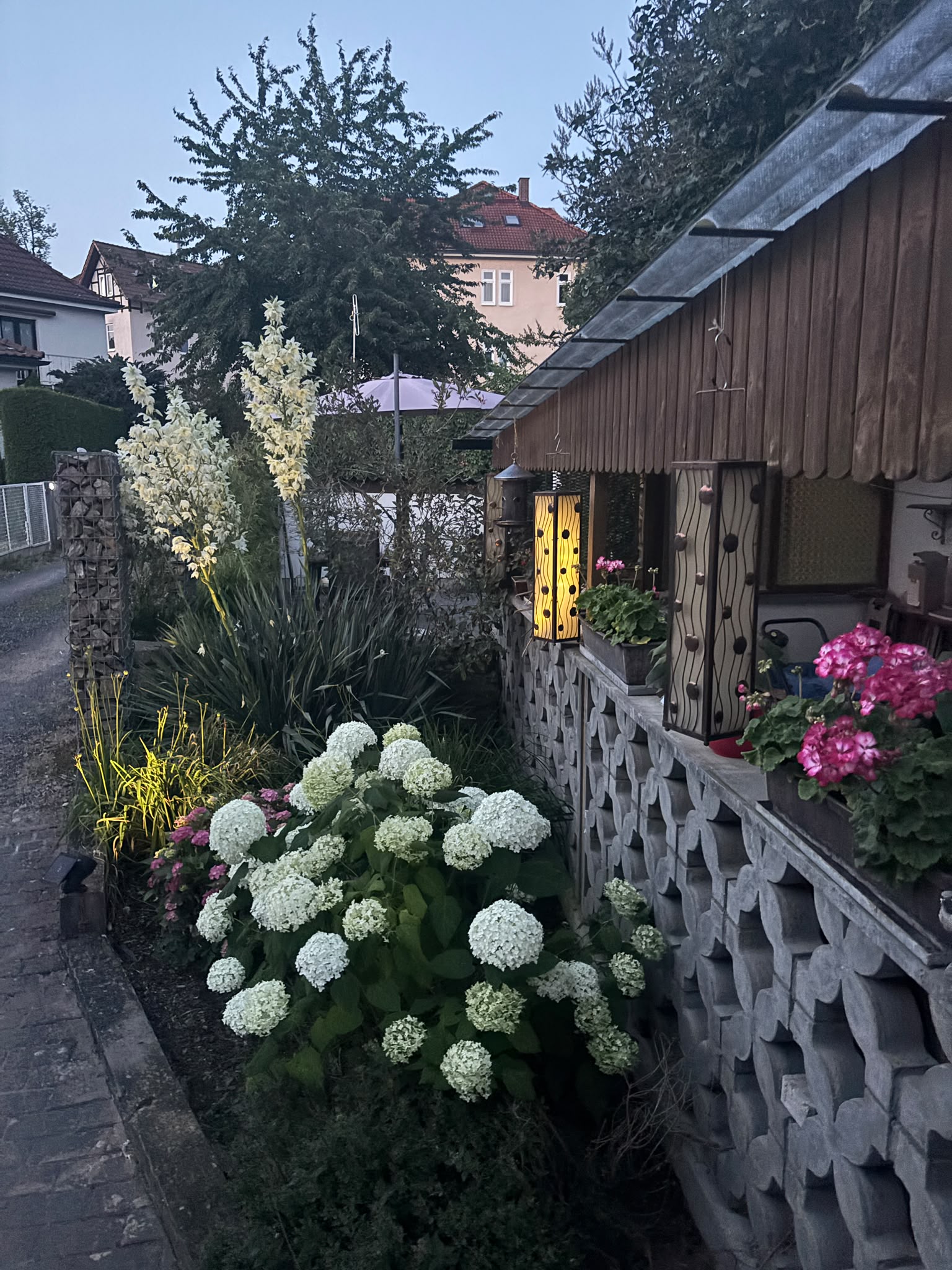 Blühender Gartenweg am Haus Hannah mit Hortensien und beleuchteter Terrasse